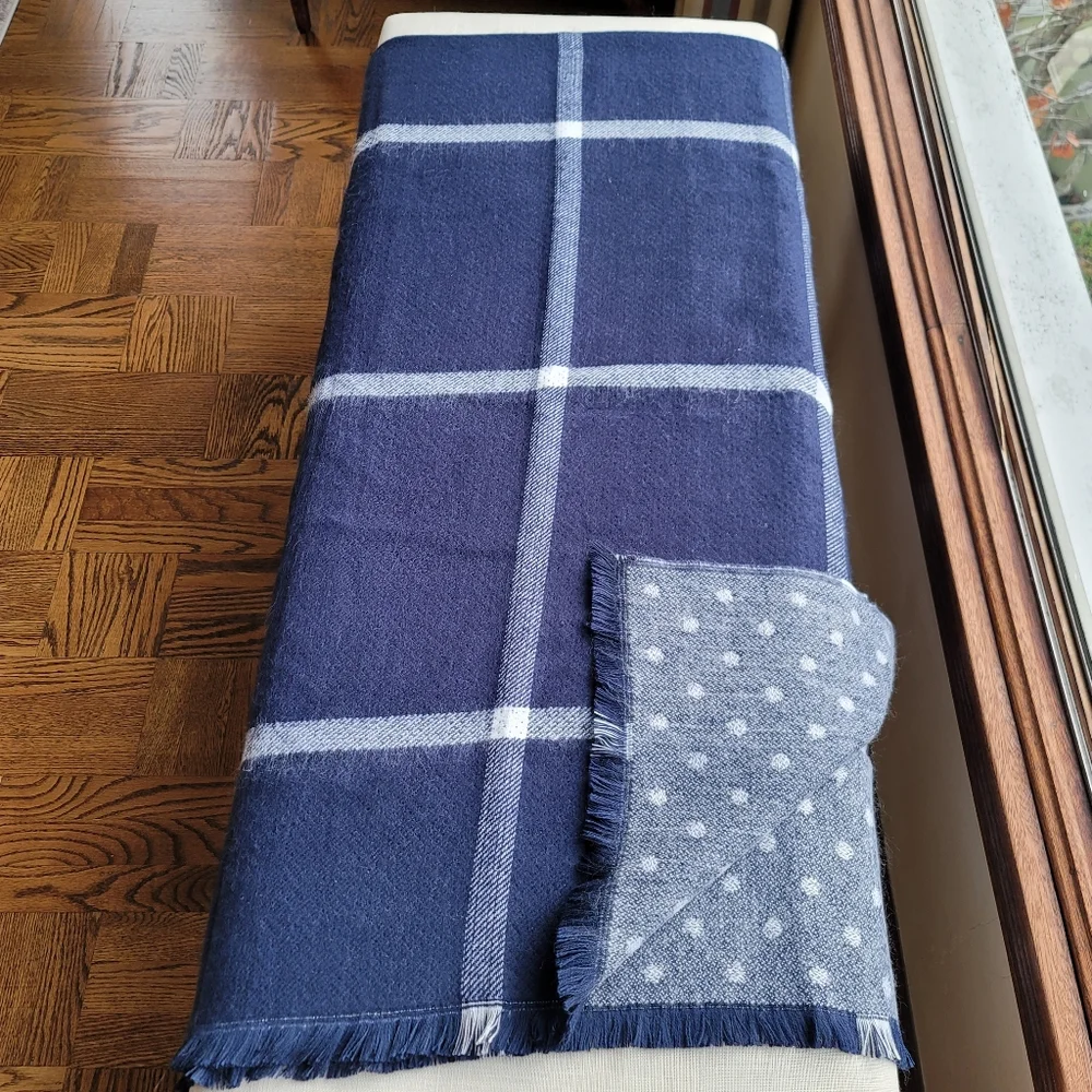 New! J.Crew Reversible Navy Blue White Blanket Scarf Plaid Polka Dots NWT